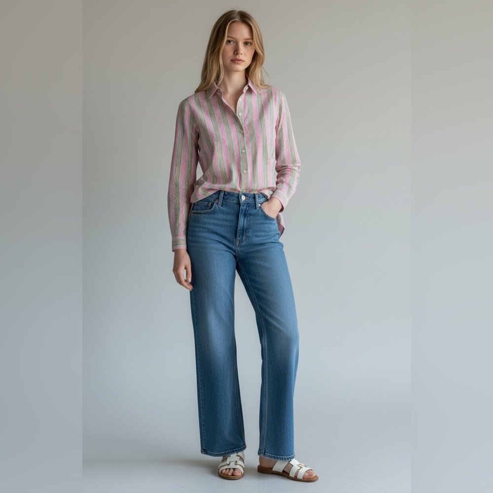 Andrea Becker Pink Green & White Ribbon Striped Long Sleeve Button Shirt Size XS